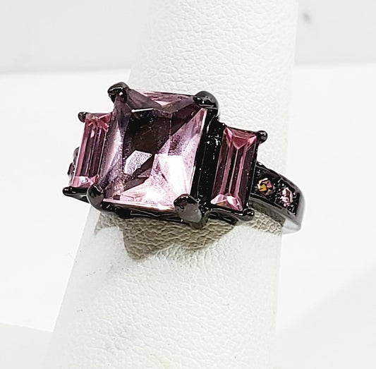 Pink Crystal Black Metal Ring Size 6.5
