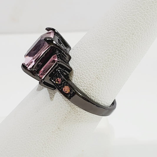 Pink Crystal Black Metal Ring Size 6.5