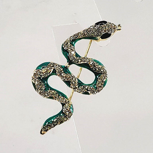 Green Enamel and Crystal Snake Brooch