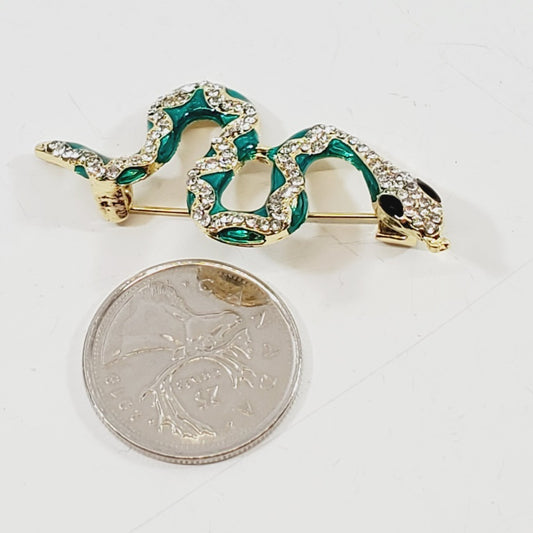 Green Enamel and Crystal Snake Brooch