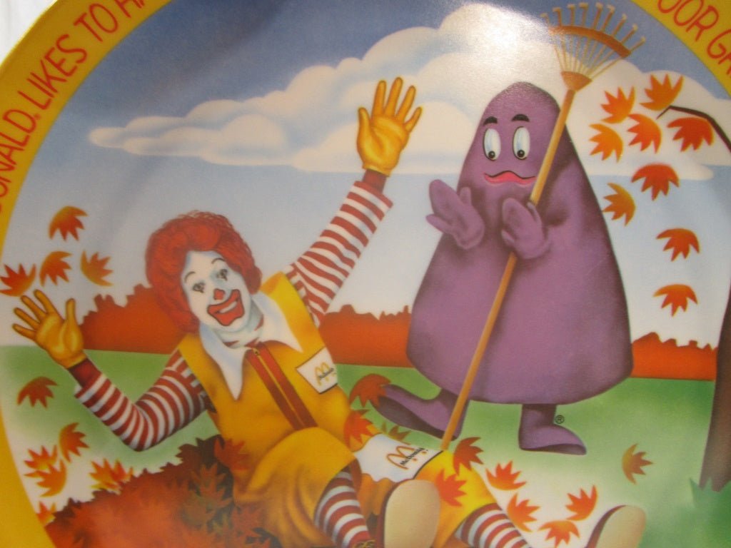 1997 McDonald's Plate Fall Fun Grimace & Ronald Raking leaves (82613) 10" - Cactus Jax Unique Collectibles