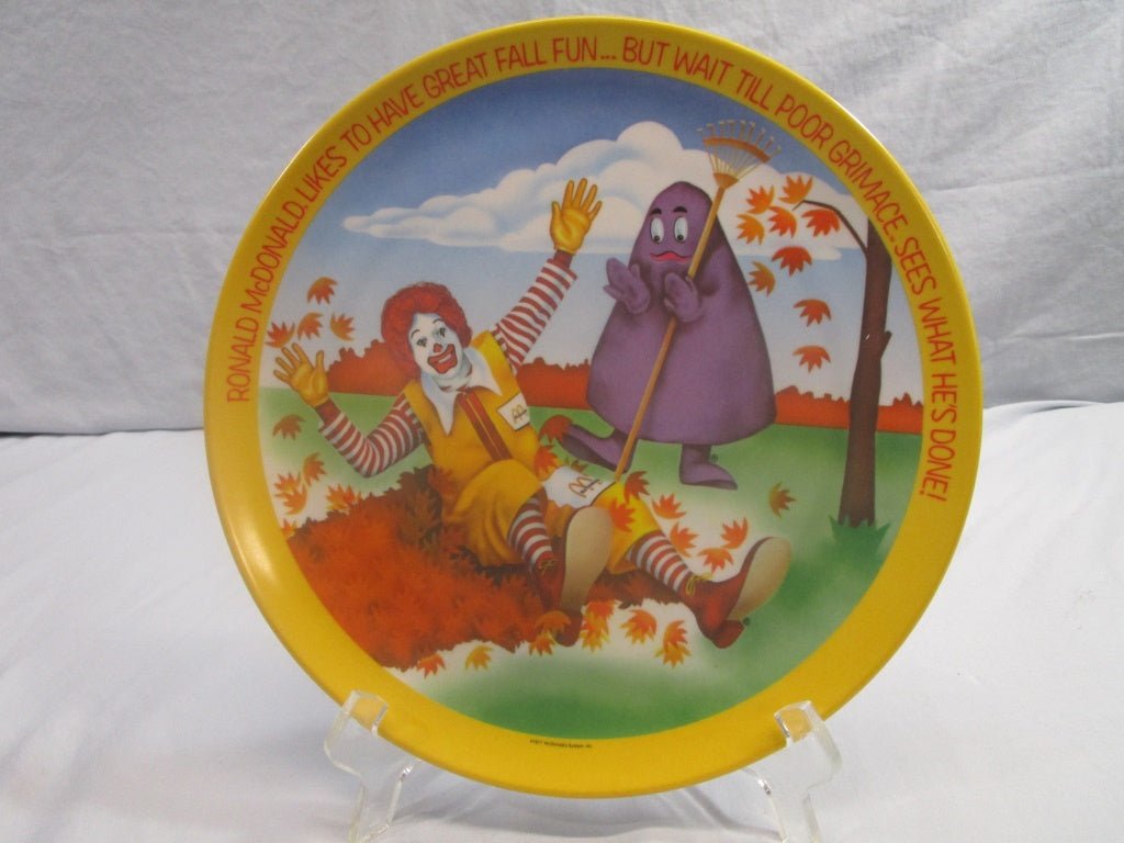 1997 McDonald's Plate Fall Fun Grimace & Ronald Raking leaves (82613) 10" - Cactus Jax Unique Collectibles