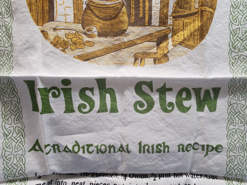 Vintage Linen Tea Towel With Irish Stew Traditional Recipe Made Ireland [34479 - Cactus Jax Unique Collectibles