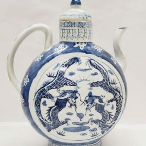 Vintage Blue and White Chinese Tea Pot Large Featuring Dragons Signed on the Base.