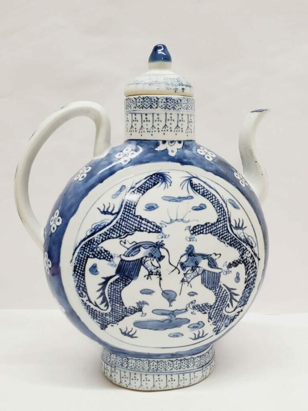 Vintage Blue and White Chinese Tea Pot Large Featuring Dragons Signed on the Base.